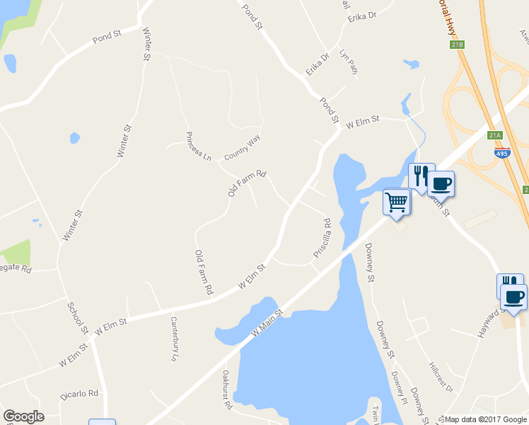 map of restaurants, bars, coffee shops, grocery stores, and more near 9 Queen Anne Road in Hopkinton