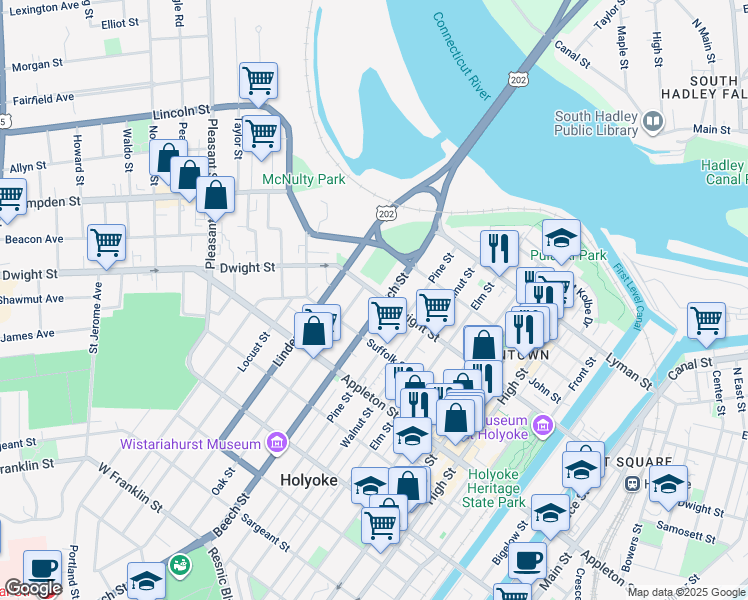 map of restaurants, bars, coffee shops, grocery stores, and more near 834 Dwight St in Holyoke
