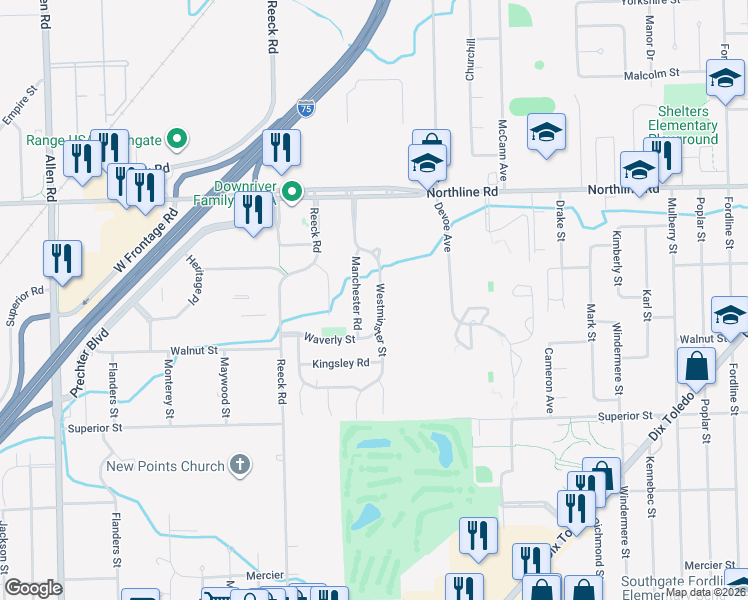 map of restaurants, bars, coffee shops, grocery stores, and more near 13400 Westminster Street in Southgate