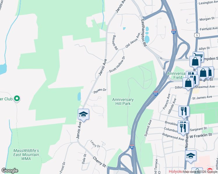 map of restaurants, bars, coffee shops, grocery stores, and more near 12 Wayne Court in Holyoke