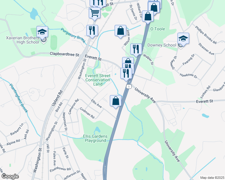 map of restaurants, bars, coffee shops, grocery stores, and more near 75 Boston-Providence Turnpike in Norwood