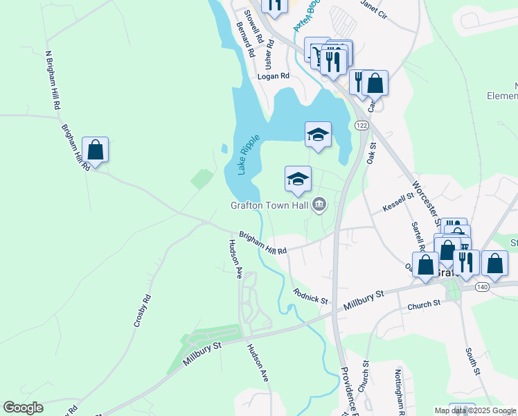 map of restaurants, bars, coffee shops, grocery stores, and more near 38 Brigham Hill Rd in Grafton
