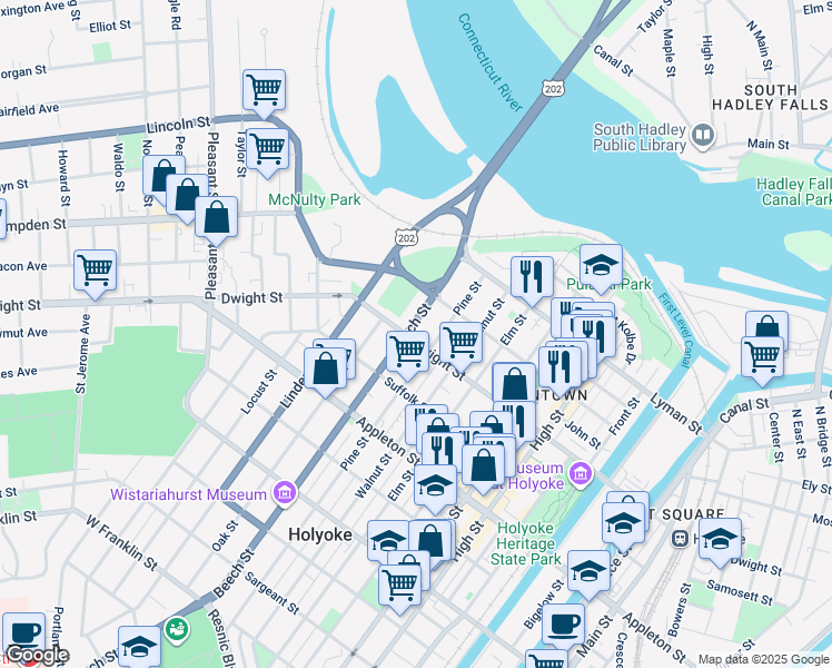 map of restaurants, bars, coffee shops, grocery stores, and more near 111 Pine Street in Holyoke