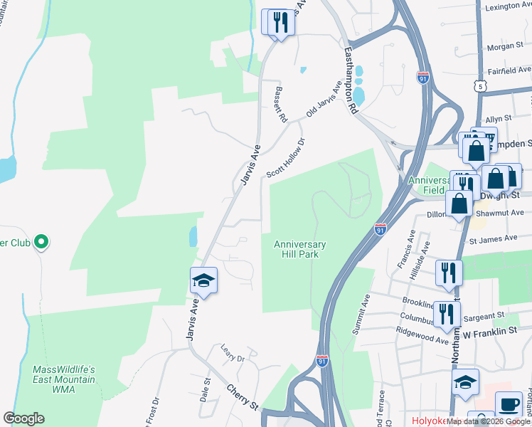map of restaurants, bars, coffee shops, grocery stores, and more near 12 Wayne Ct in Holyoke