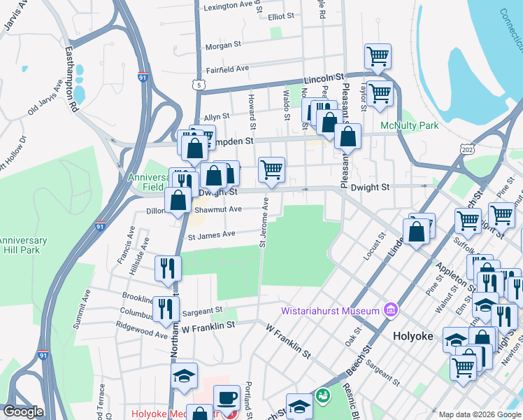 map of restaurants, bars, coffee shops, grocery stores, and more near 2 Shawmut Ave in Holyoke