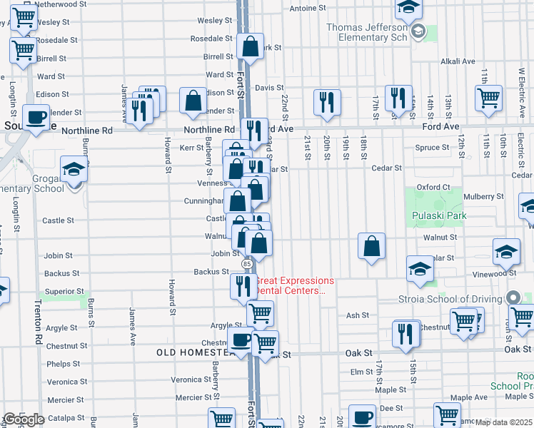 map of restaurants, bars, coffee shops, grocery stores, and more near 2330 23rd Street in Wyandotte