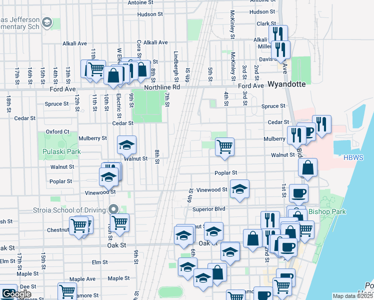 map of restaurants, bars, coffee shops, grocery stores, and more near 2362 6th Street in Wyandotte