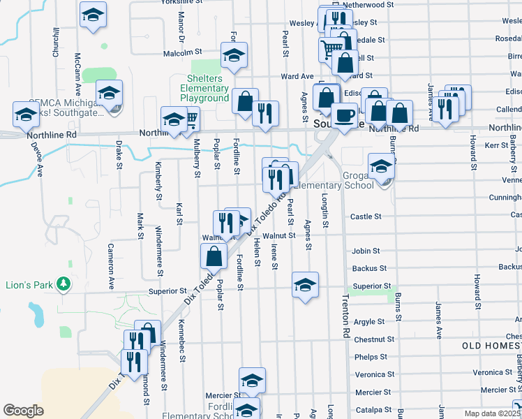 map of restaurants, bars, coffee shops, grocery stores, and more near 13414 Helen Street in Southgate