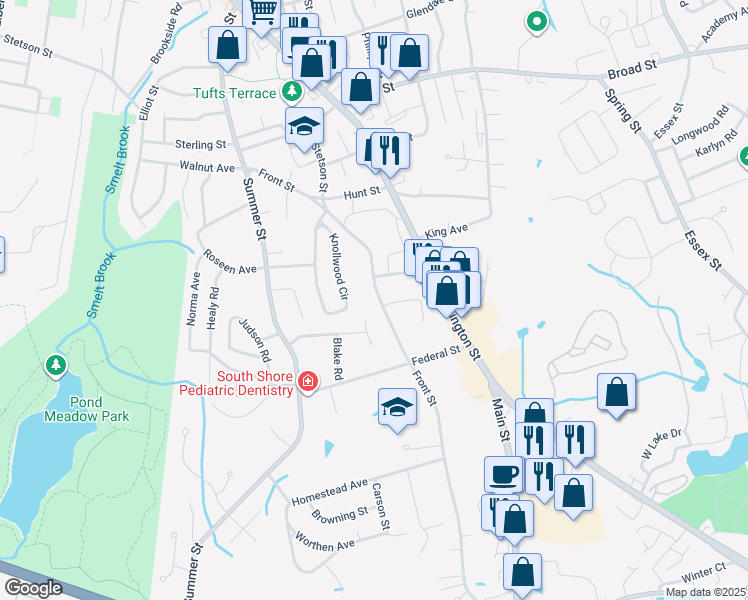 map of restaurants, bars, coffee shops, grocery stores, and more near 289 Front Street in Weymouth