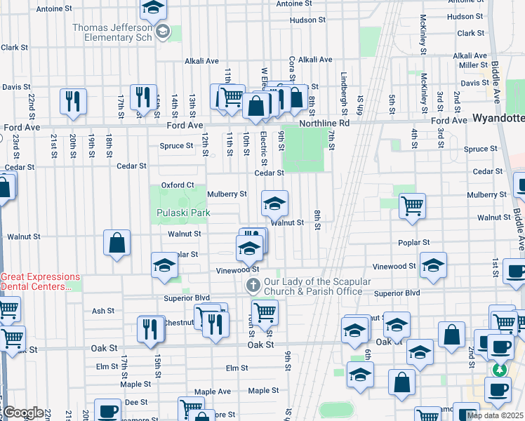 map of restaurants, bars, coffee shops, grocery stores, and more near 2316 Electric Street in Wyandotte