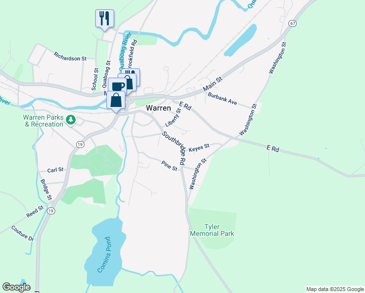 map of restaurants, bars, coffee shops, grocery stores, and more near 169 Southbridge Road in West Brookfield
