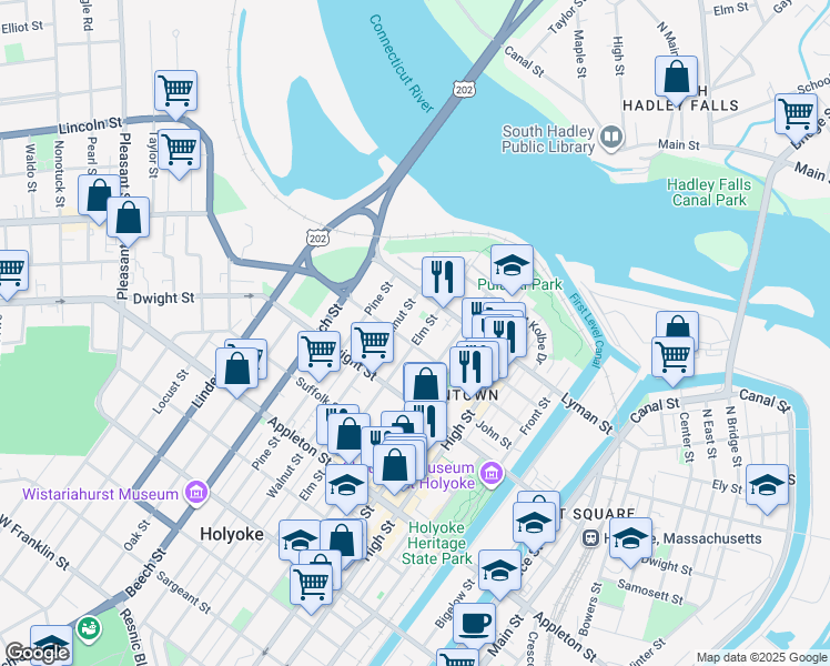 map of restaurants, bars, coffee shops, grocery stores, and more near 77 Elm Street in Holyoke
