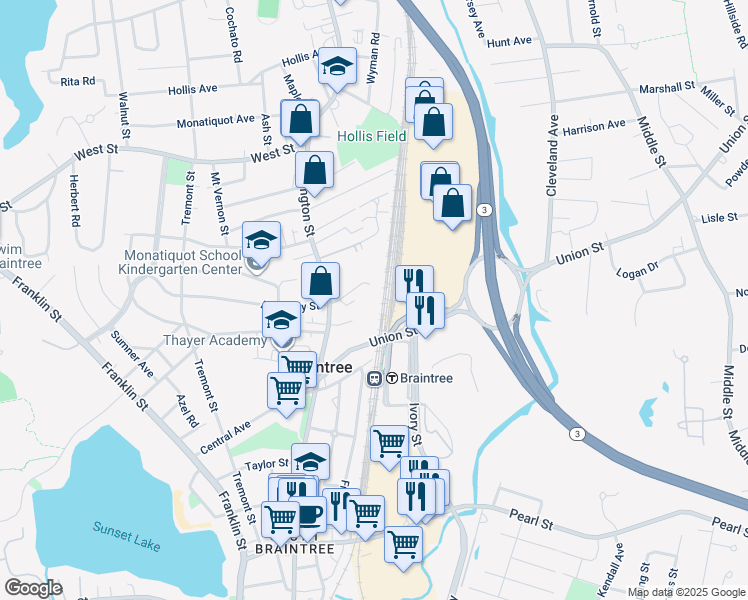 map of restaurants, bars, coffee shops, grocery stores, and more near 42 Georganna Street in Braintree