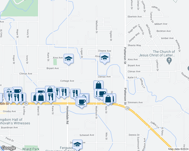 map of restaurants, bars, coffee shops, grocery stores, and more near 2008 Madison Street in Klamath Falls