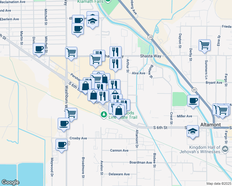 map of restaurants, bars, coffee shops, grocery stores, and more near 1909 Austin Street in Klamath Falls