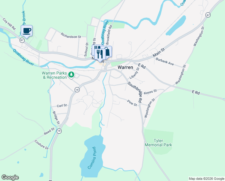 map of restaurants, bars, coffee shops, grocery stores, and more near 82 Comins Pond Road in Warren
