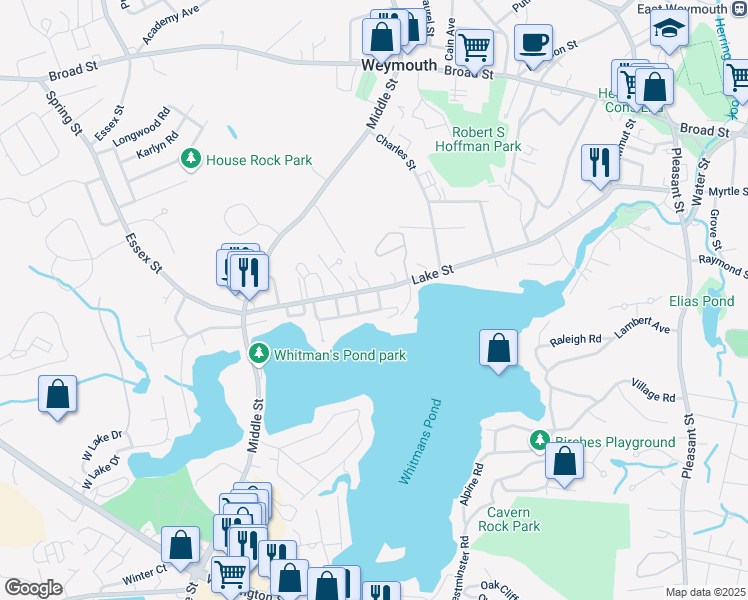 map of restaurants, bars, coffee shops, grocery stores, and more near 108 Memorial Drive in Weymouth