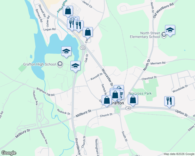 map of restaurants, bars, coffee shops, grocery stores, and more near 11 Kessell Street in Grafton
