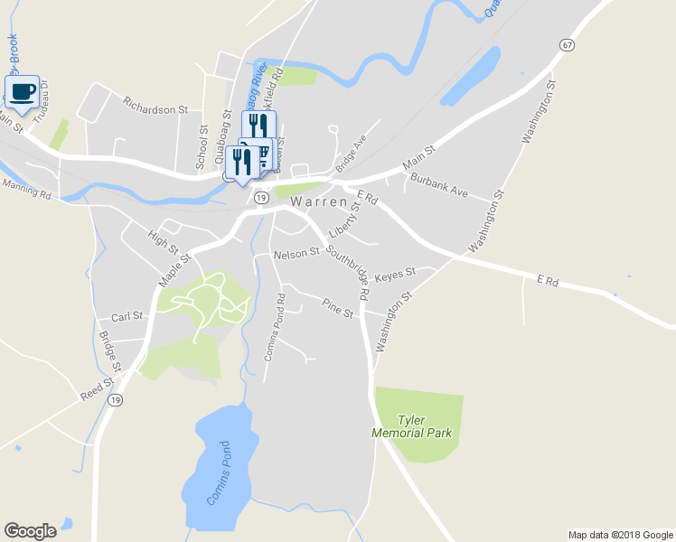 map of restaurants, bars, coffee shops, grocery stores, and more near 140 Southbridge Road in Warren