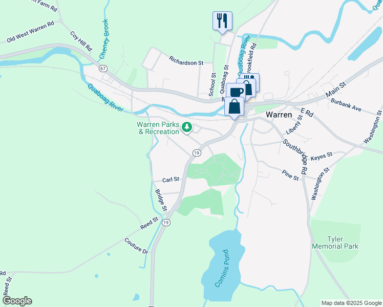 map of restaurants, bars, coffee shops, grocery stores, and more near 149 Maple Street in Warren
