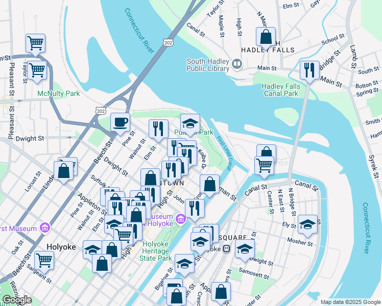 map of restaurants, bars, coffee shops, grocery stores, and more near 71 Maple Street in Holyoke