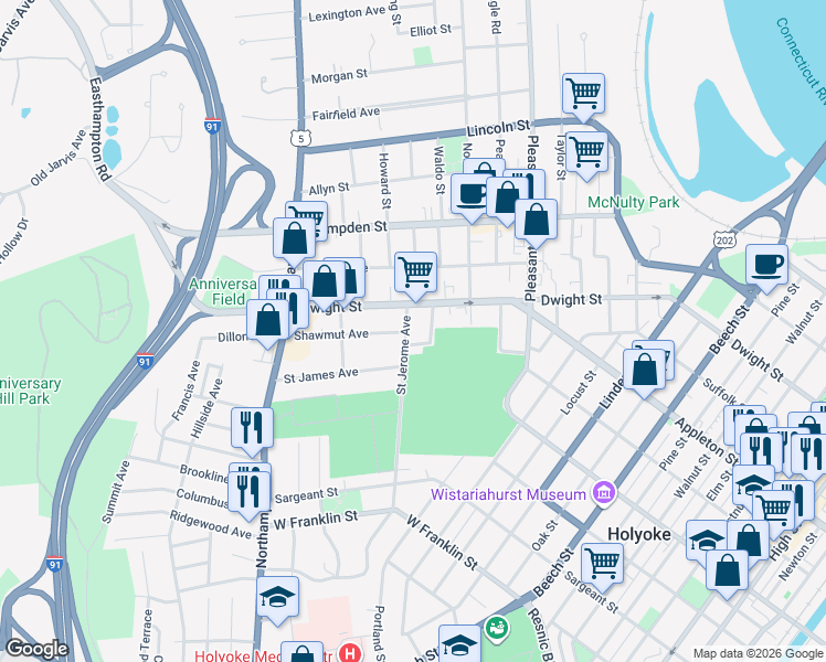 map of restaurants, bars, coffee shops, grocery stores, and more near 2 Shawmut Avenue in Holyoke