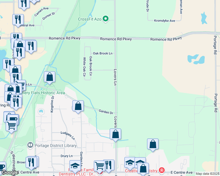 map of restaurants, bars, coffee shops, grocery stores, and more near 7330-7346 Lovers Lane in Portage