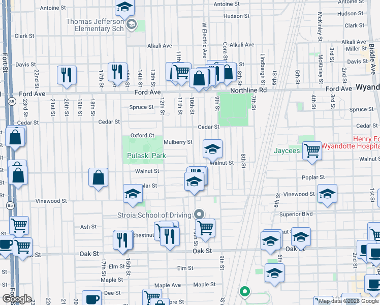 map of restaurants, bars, coffee shops, grocery stores, and more near 1034 Mollno Street in Wyandotte