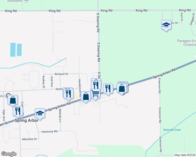 map of restaurants, bars, coffee shops, grocery stores, and more near 3500 South Dearing Road in Spring Arbor