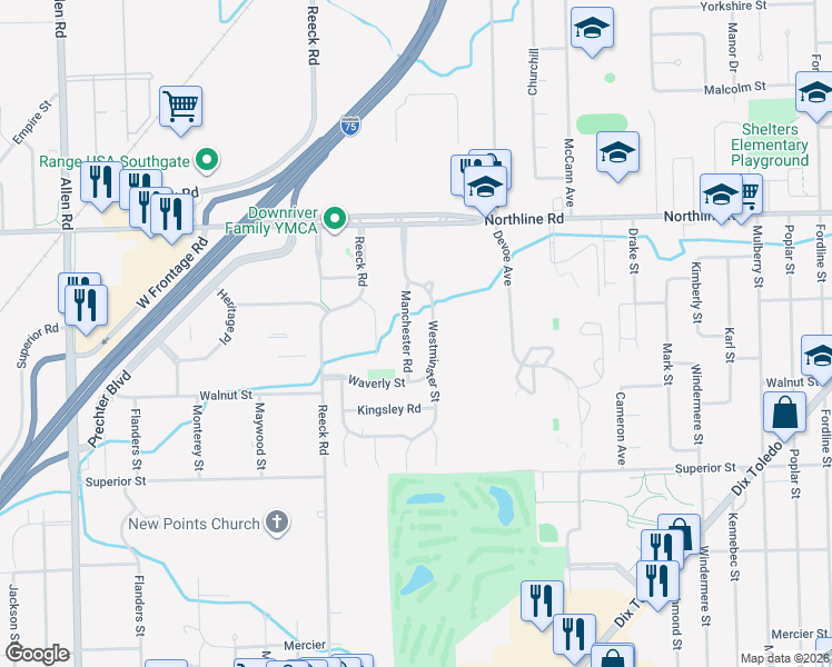 map of restaurants, bars, coffee shops, grocery stores, and more near 13400 Westminster Street in Southgate