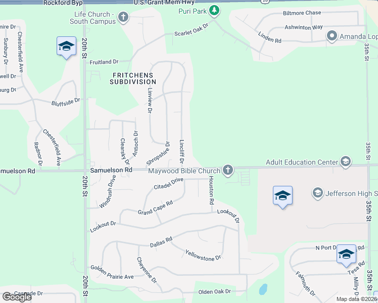 map of restaurants, bars, coffee shops, grocery stores, and more near 4900 Lincliff Drive in Rockford