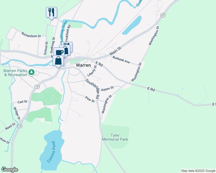 map of restaurants, bars, coffee shops, grocery stores, and more near 41 Keyes Street in Warren