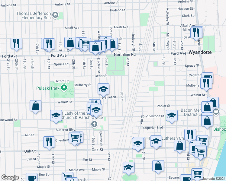 map of restaurants, bars, coffee shops, grocery stores, and more near 2304 Cora Street in Wyandotte