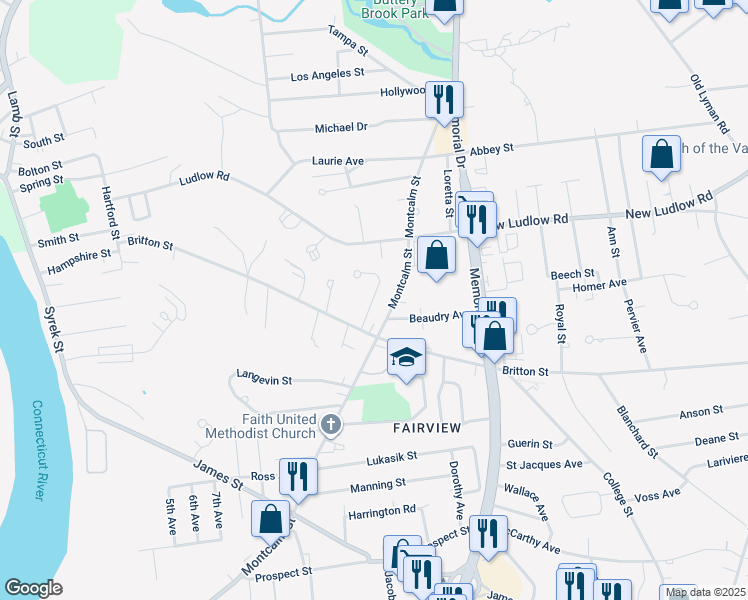 map of restaurants, bars, coffee shops, grocery stores, and more near 35 Beeler Avenue in Chicopee