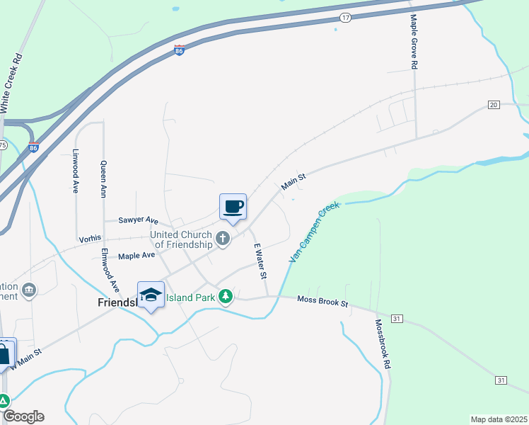 map of restaurants, bars, coffee shops, grocery stores, and more near 61 East Main Street in Friendship