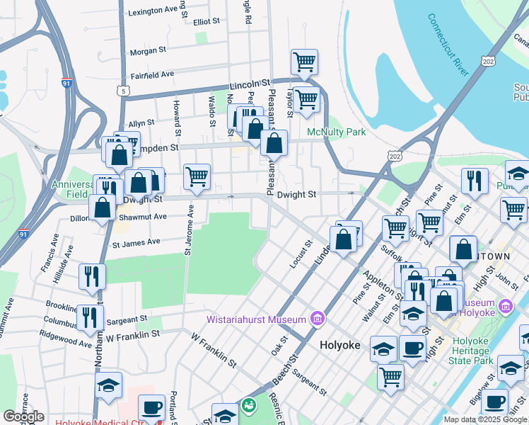 map of restaurants, bars, coffee shops, grocery stores, and more near 581-589 Pleasant Street in Holyoke