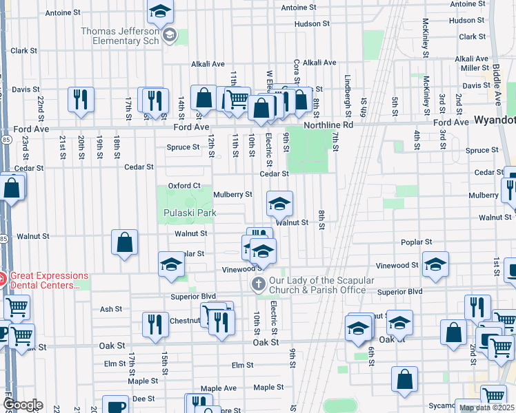 map of restaurants, bars, coffee shops, grocery stores, and more near 2316 Electric Street in Wyandotte