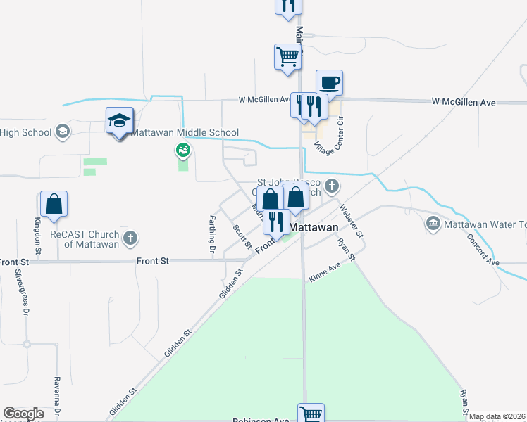 map of restaurants, bars, coffee shops, grocery stores, and more near 57478 Murray Street in Mattawan