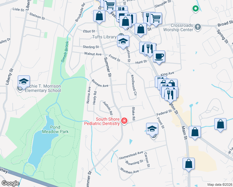 map of restaurants, bars, coffee shops, grocery stores, and more near 117 Summer Street in Weymouth