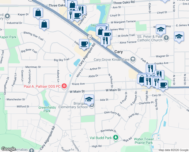 map of restaurants, bars, coffee shops, grocery stores, and more near 577 Alida Drive in Cary