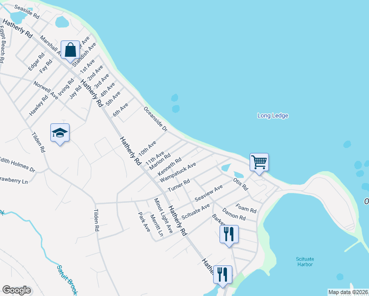map of restaurants, bars, coffee shops, grocery stores, and more near 92 Marion Road in Scituate