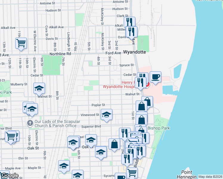 map of restaurants, bars, coffee shops, grocery stores, and more near 224 Walnut Street in Wyandotte