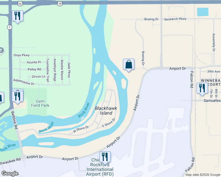 map of restaurants, bars, coffee shops, grocery stores, and more near 196 East Shore Drive in Rockford