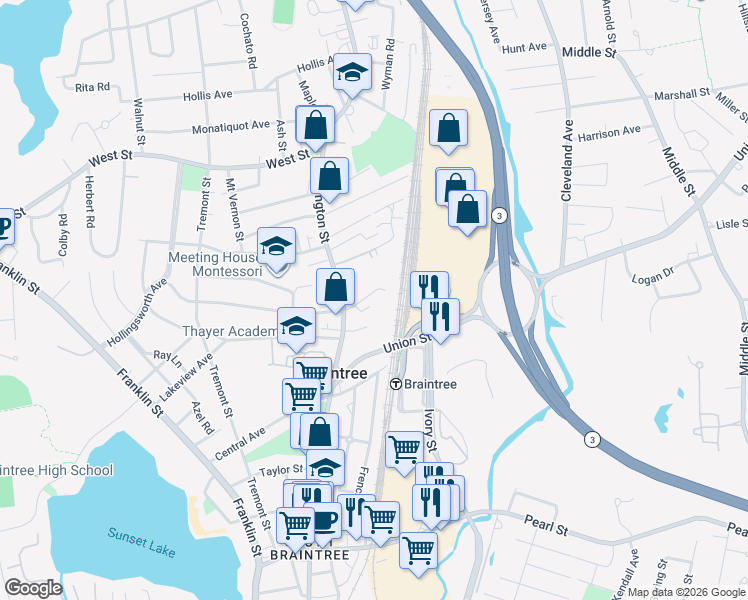map of restaurants, bars, coffee shops, grocery stores, and more near 36 Georganna Street in Braintree