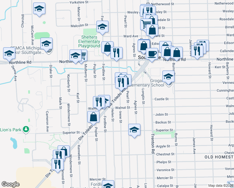 map of restaurants, bars, coffee shops, grocery stores, and more near 13414 Helen Street in Southgate
