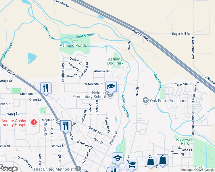 map of restaurants, bars, coffee shops, grocery stores, and more near 105 Randy Street in Ashland