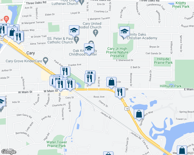 map of restaurants, bars, coffee shops, grocery stores, and more near 116 North 2nd Street in Cary