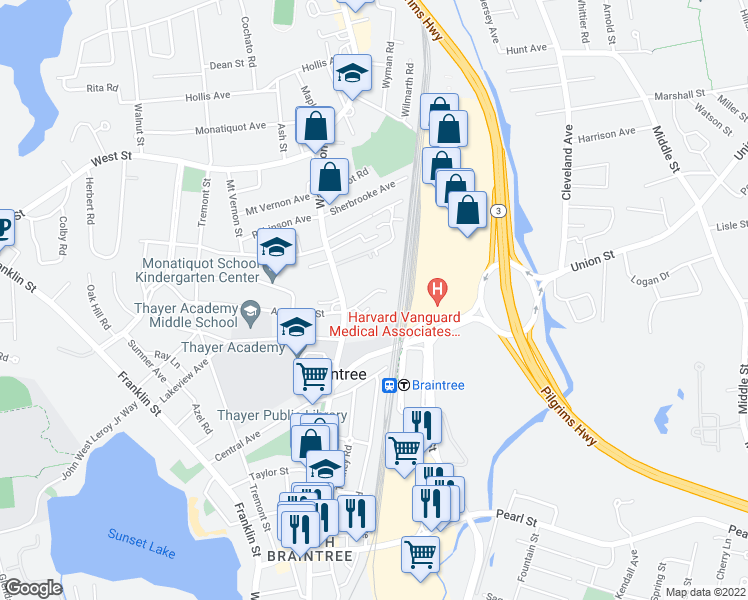map of restaurants, bars, coffee shops, grocery stores, and more near 36 Georganna Street in Braintree