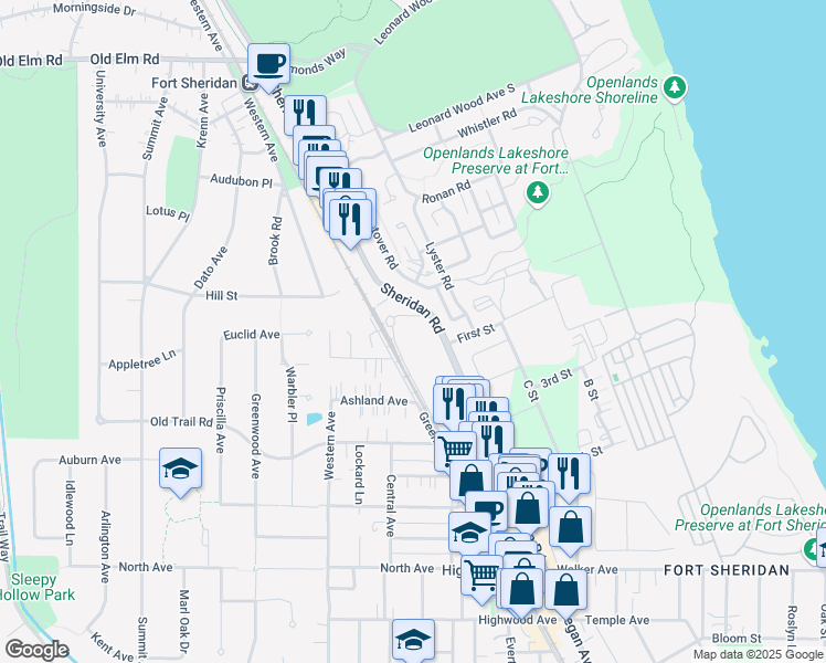 map of restaurants, bars, coffee shops, grocery stores, and more near 700 Sheridan Road in Highwood