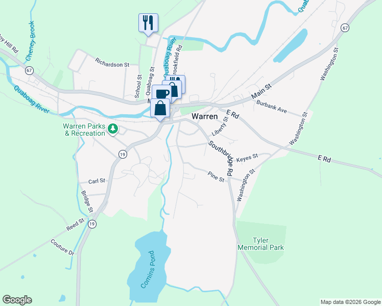 map of restaurants, bars, coffee shops, grocery stores, and more near 44 Nelson Street in Warren